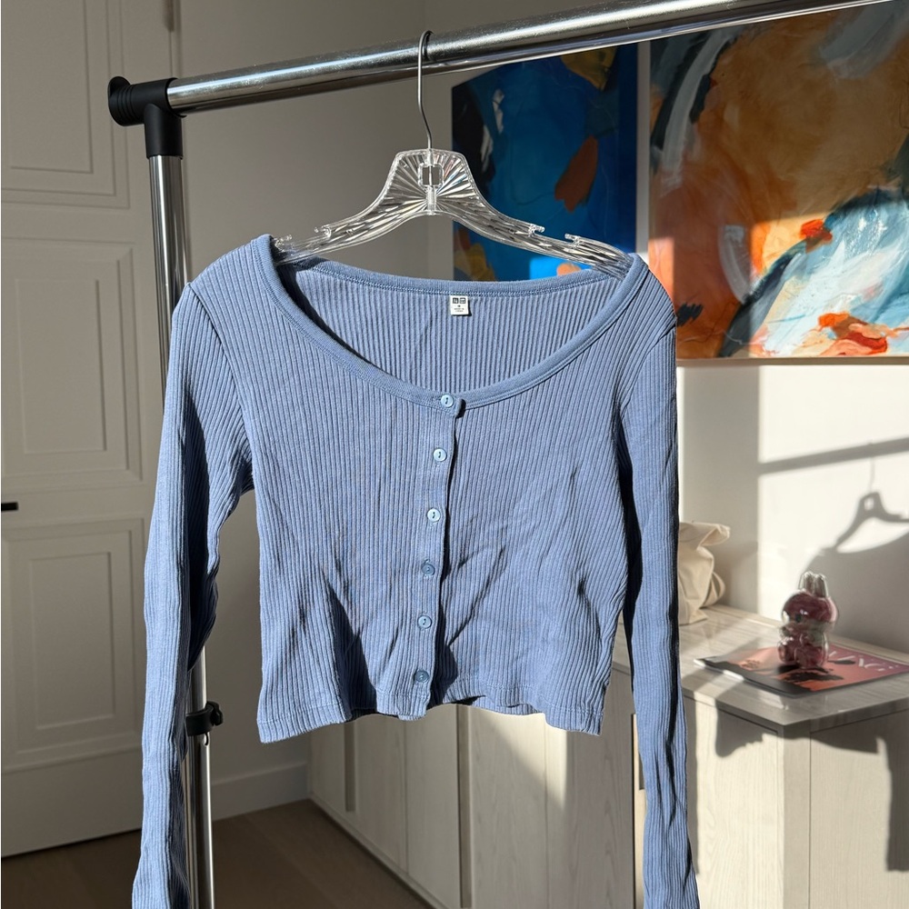Uniqlo Blue Ribbed Button-Up Women's Top